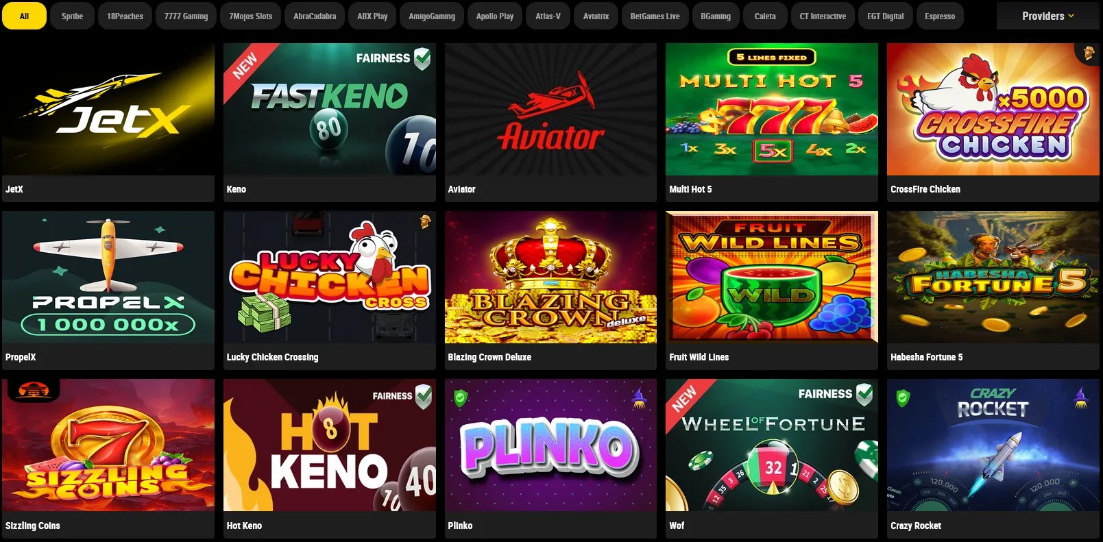 Habesha Bet casino lobby with game thumbnails