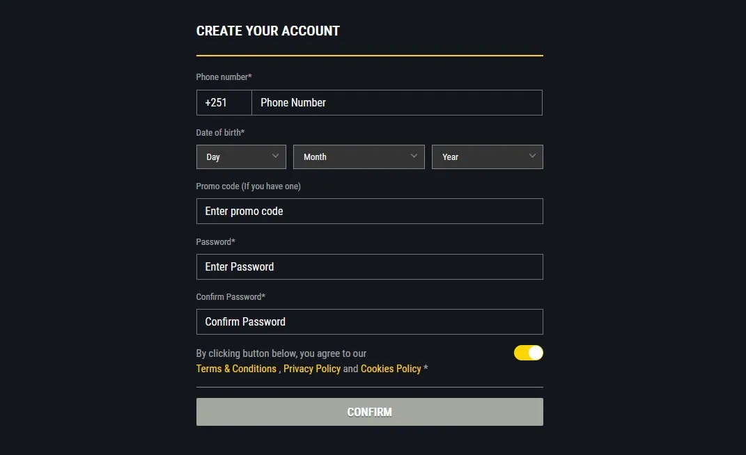 Habesha Bet account registration screen